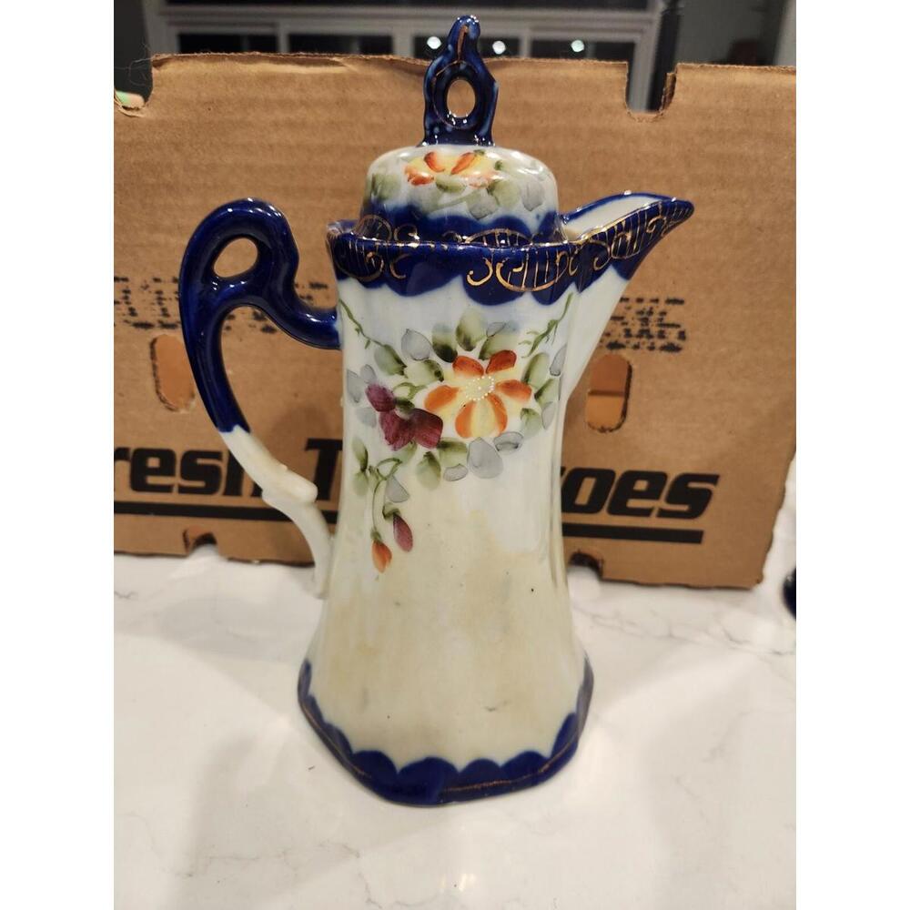 Antique Nippon Hand Painted Blossom and Cobalt Blue Chocolate Pot Pitcher